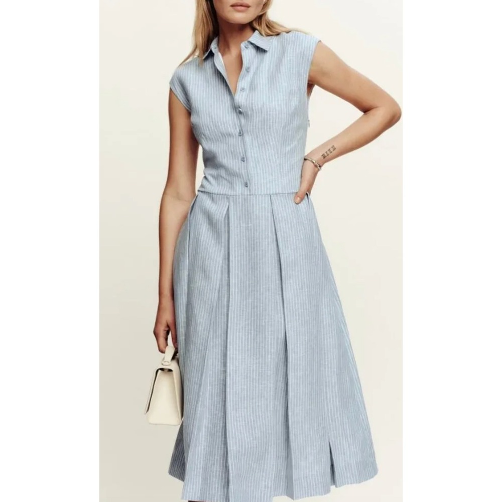 Reformation Womens Blue White Striped Linen Sleeveless Button Front Dress 12